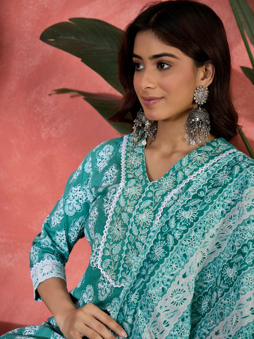 Teal Printed Pure Cotton Kurta Set for Women