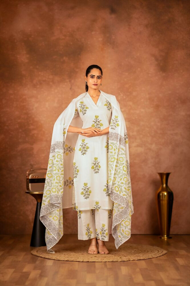 Off White and Yellow Hand Block Printed Cotton Suit Set