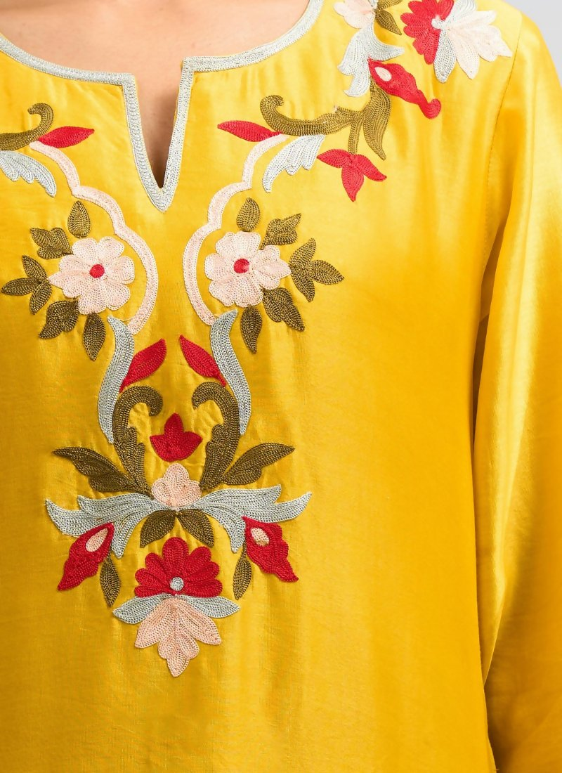 Yellow Silk Embroidered Long Kurta with Matching Pant Set
