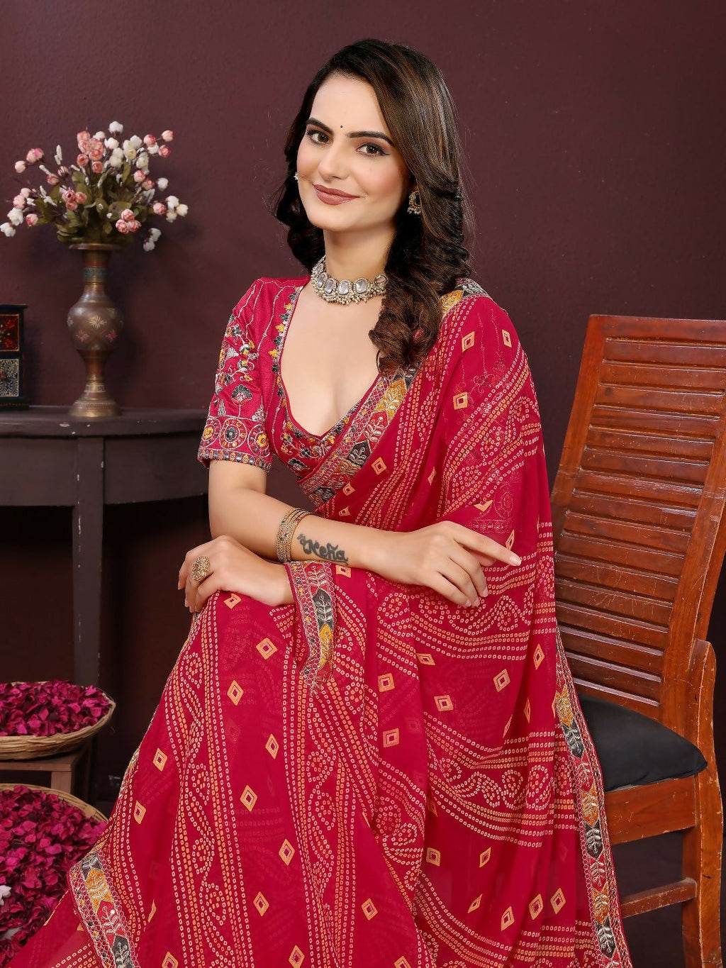 Magenta Georgette Digital Print Party Wear Saree with Blouse Piece