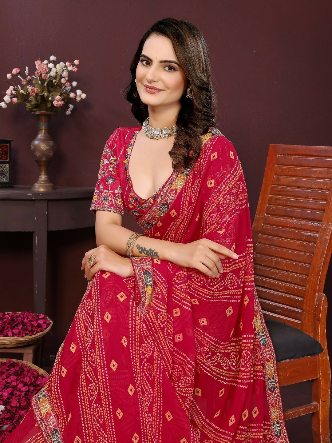 Magenta Georgette Digital Print Party Wear Saree with Blouse Piece