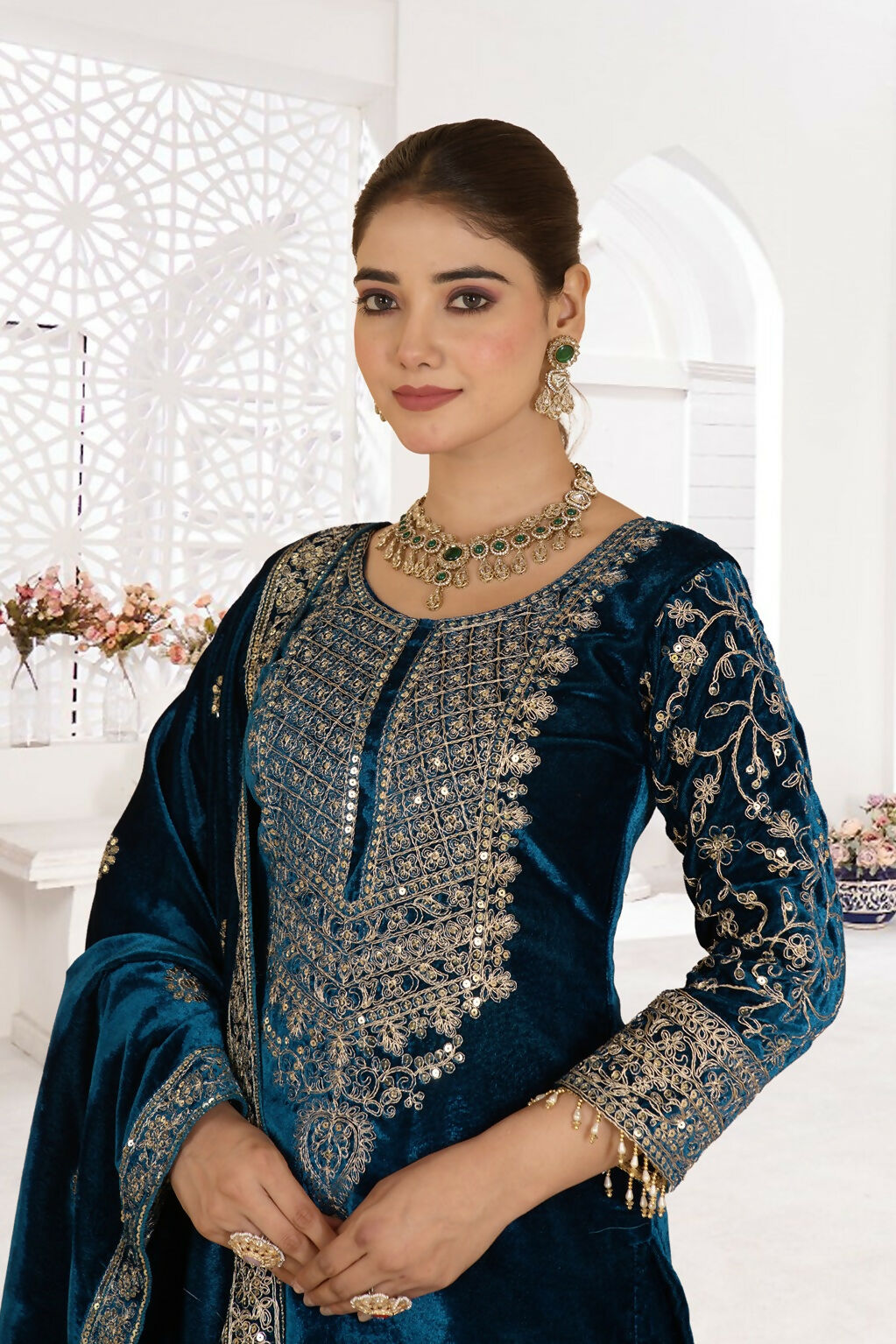 Blue Velvet Kurta Set with Shimmering Sequence Embroidery