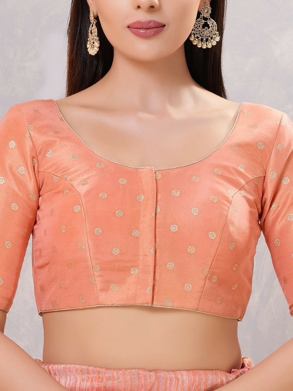 Peach Silk Stitched Blouse with Round Neck
