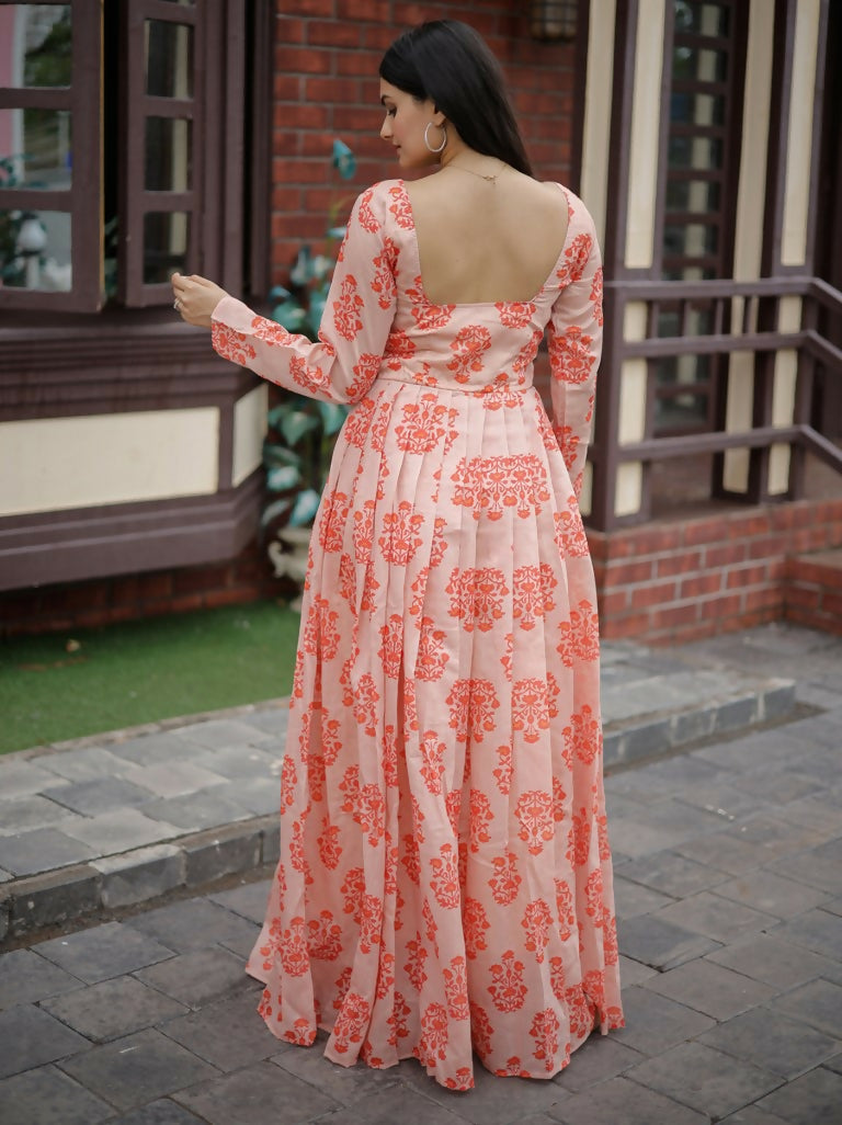 Peach Pure Chanderi Heavy Digital Printed Anarkali Floor Dress