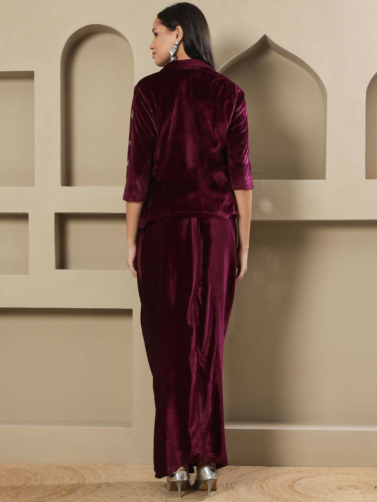 Women's Wine Velvet Hand Embellished Stitched Evening Dress