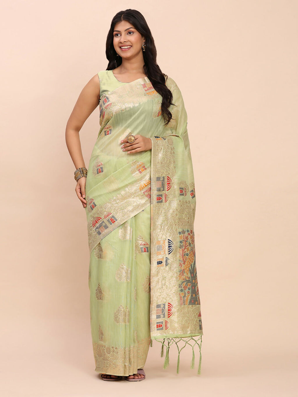 Soft light green linen cotton saree with matching blouse
