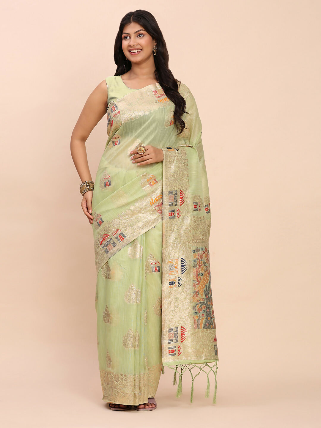 Soft light green linen cotton saree with matching blouse