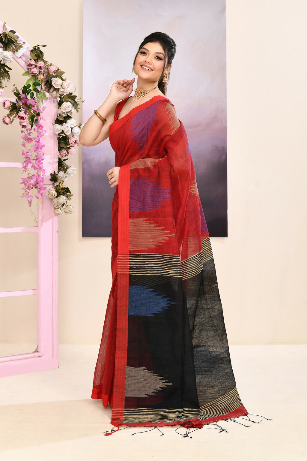 Maroon Cotton Blend Jamdani Saree with Traditional Temple Border