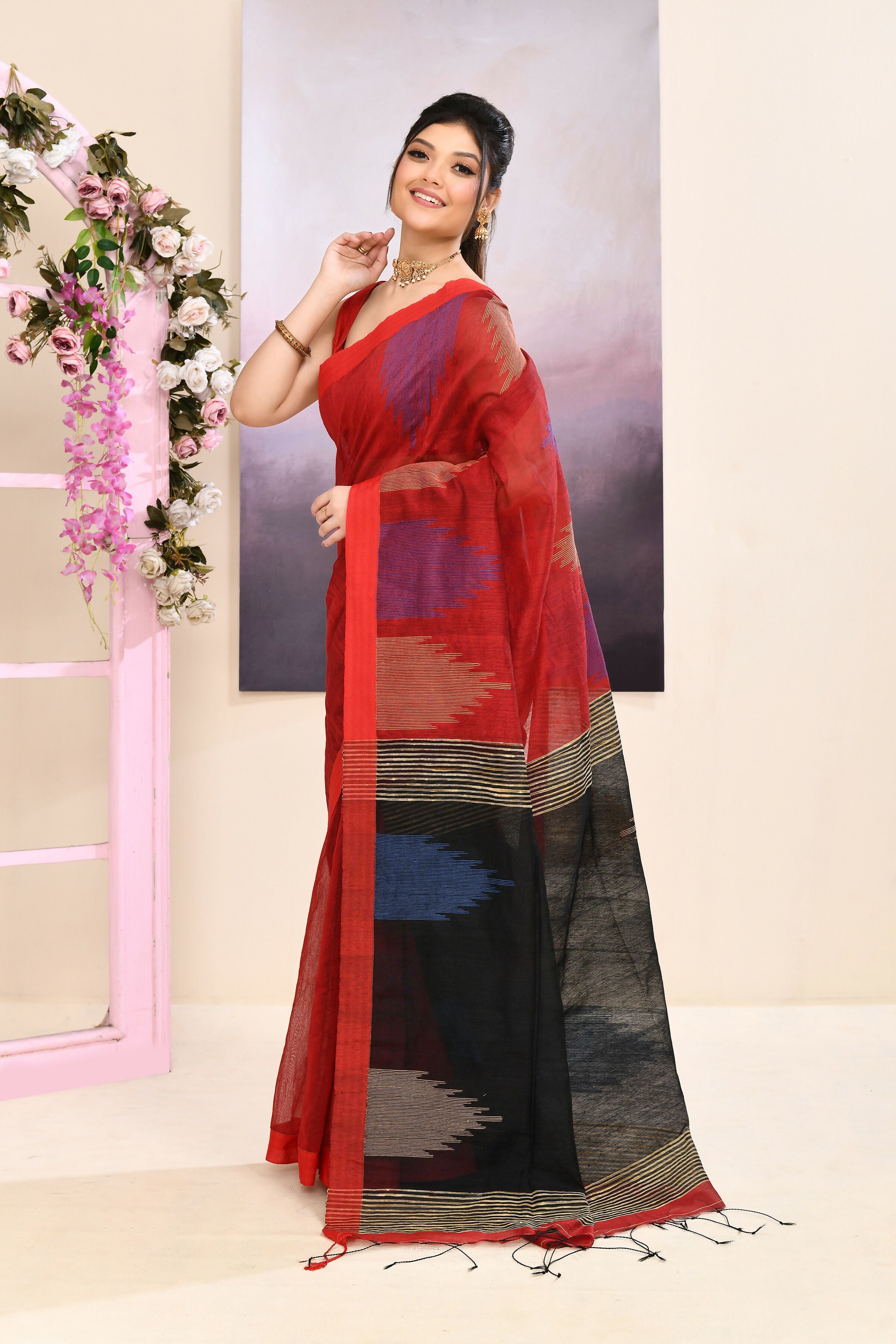 Maroon Cotton Blend Jamdani Saree with Traditional Temple Border