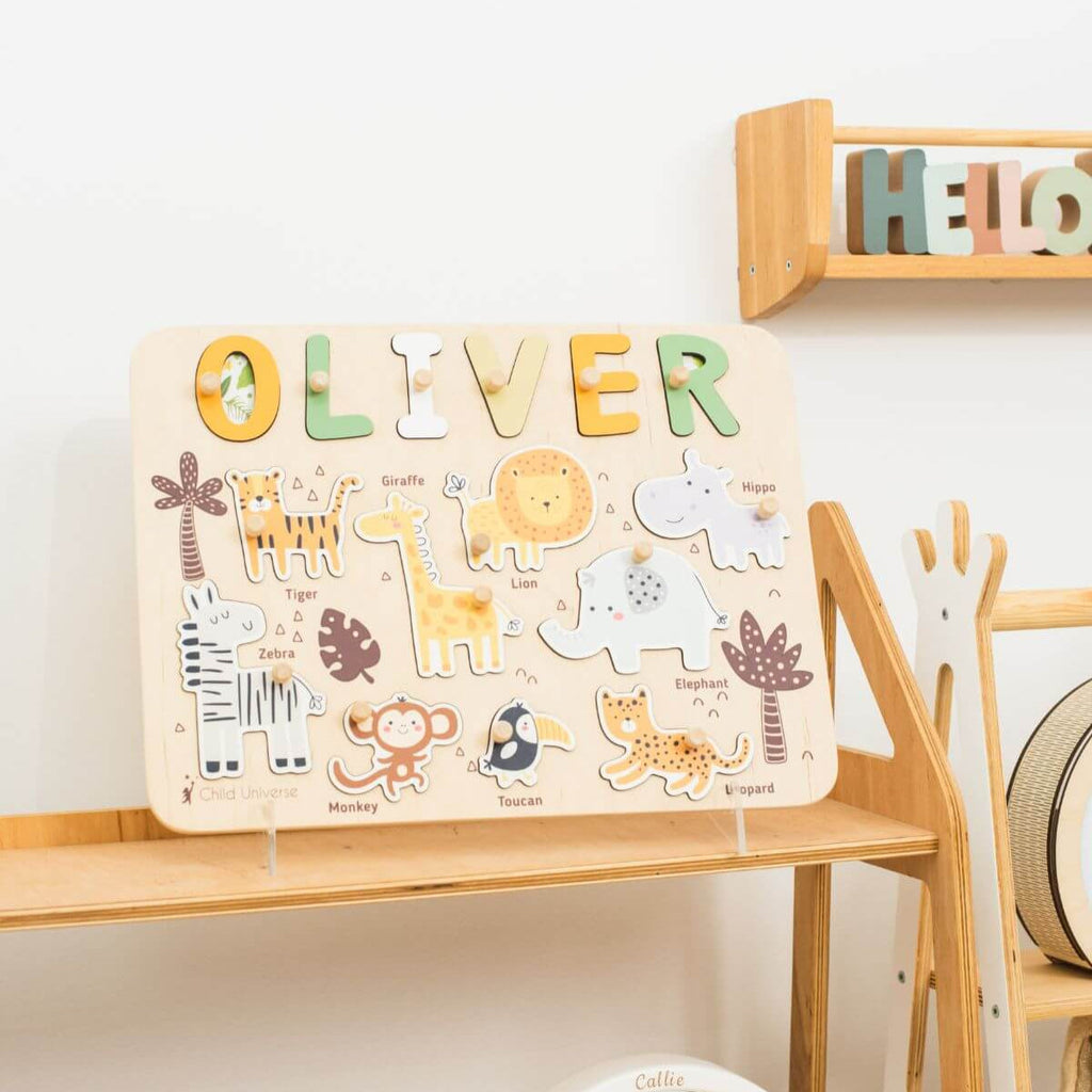 Personalized Jungle Themed Name Puzzle Board - Wooden Gift
