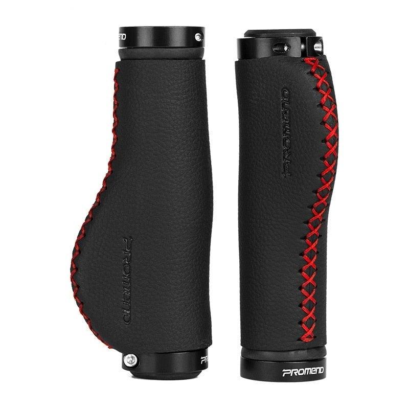 Premium hand-stitched microfiber leather bicycle handlebar grips with dual aluminum alloy lock-on rings.
