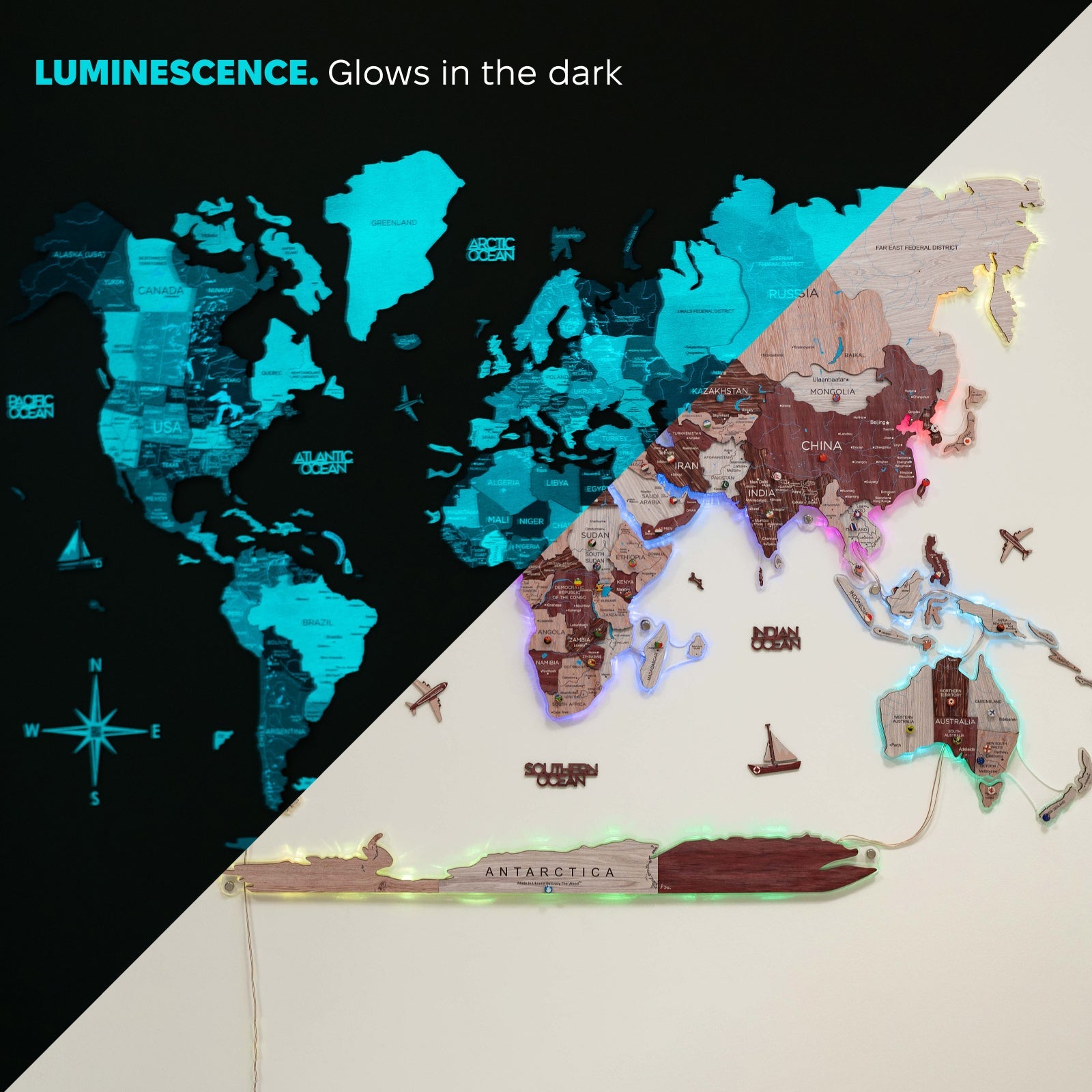 3D Luminous LED Wooden World Map 2.0 Cappuccino Wall Art