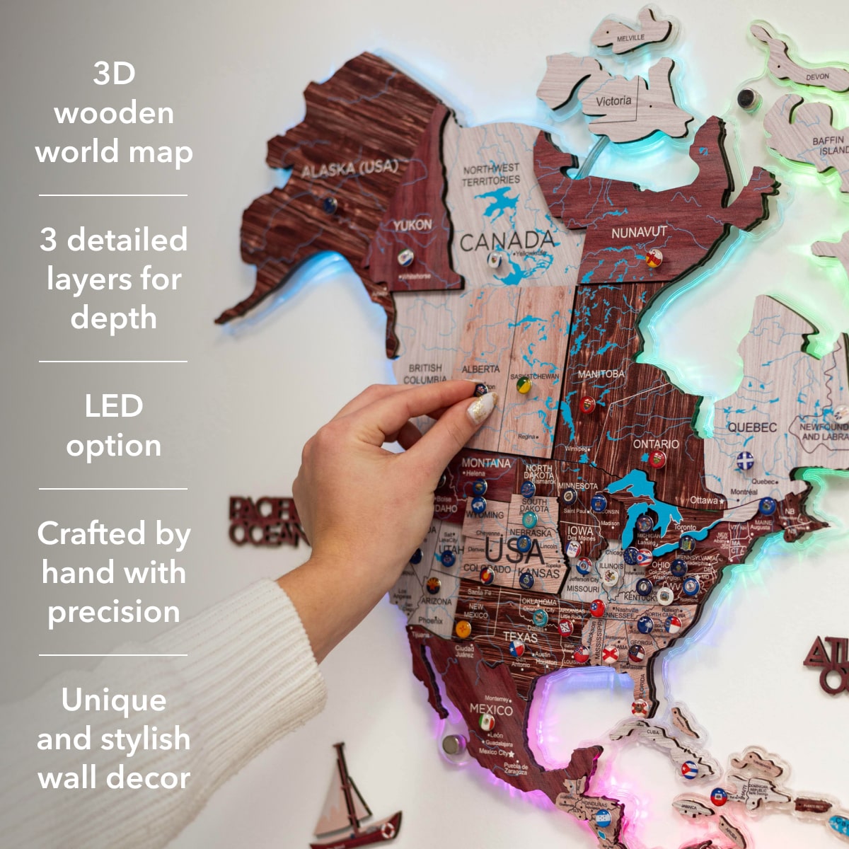 3D Luminous LED Wooden World Map 2.0 Cappuccino Wall Art