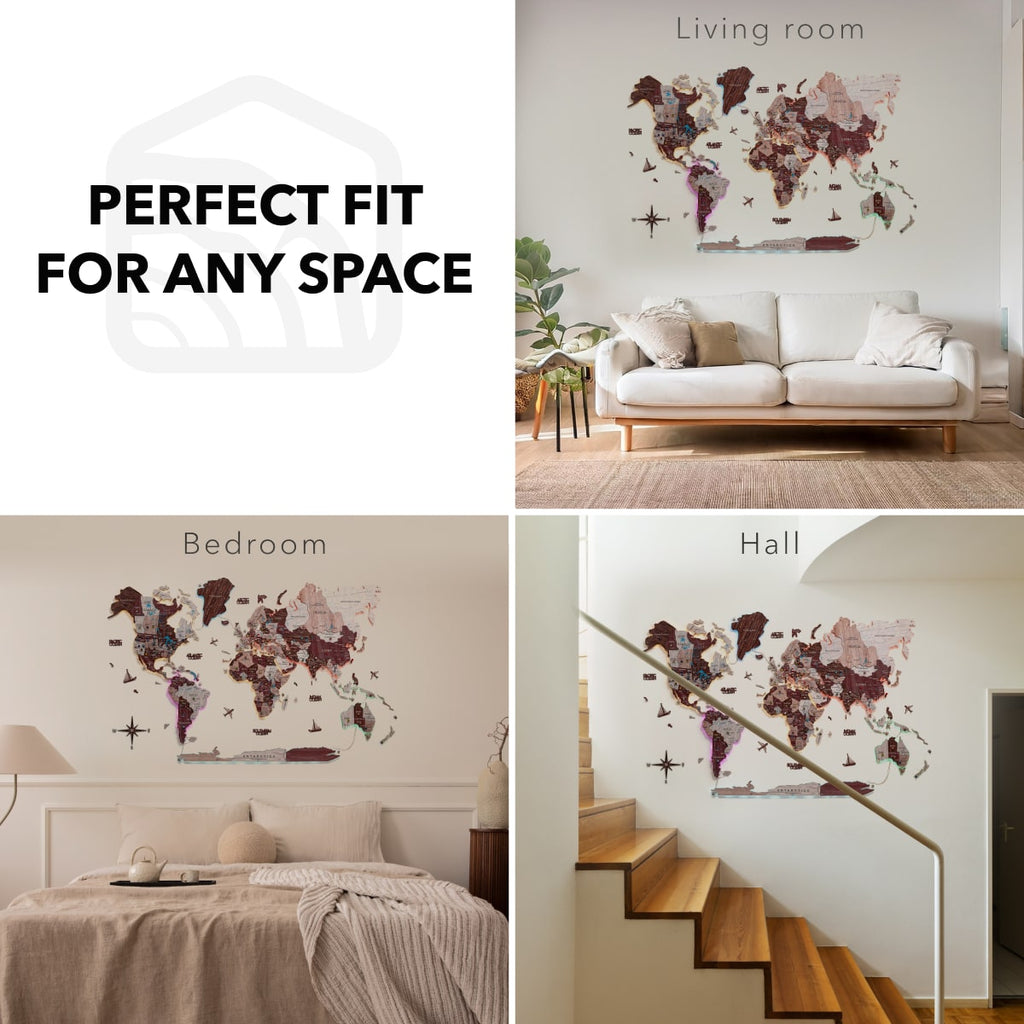 3D Luminous LED Wooden World Map 2.0 Cappuccino Wall Art