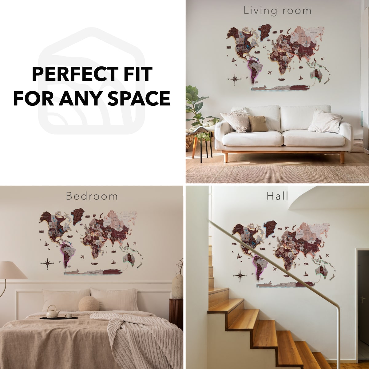 3D Luminous LED Wooden World Map 2.0 Cappuccino Wall Art