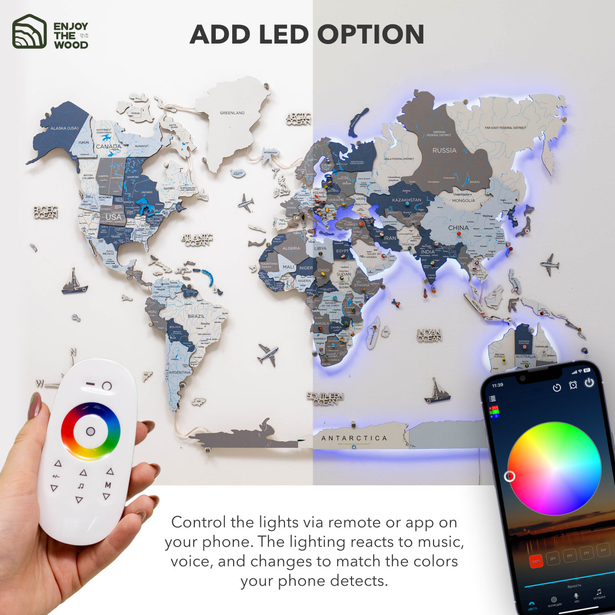 3D Luminous Wooden World Map 3.0 with LED Backlight & Smart Sync