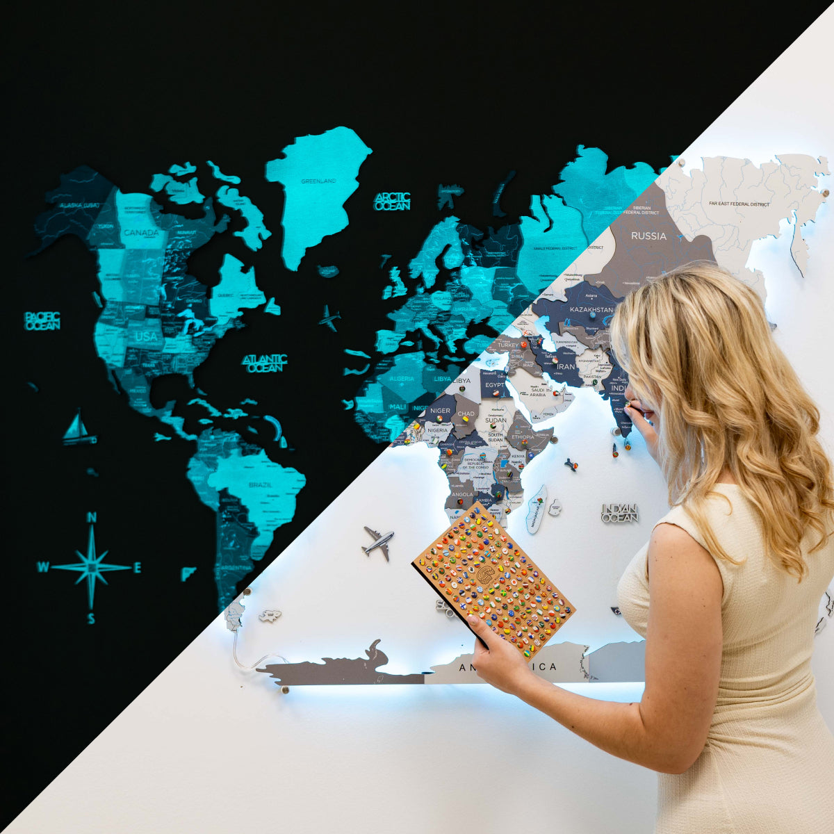 3D Luminous Wooden World Map 3.0 with LED Backlight & Smart Sync
