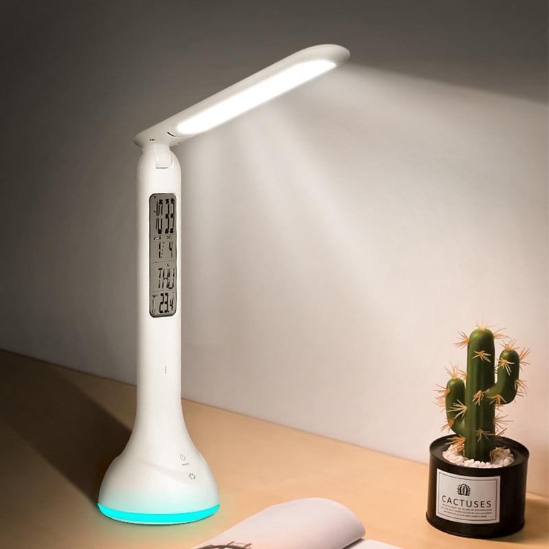 Foldable LED Smart Desk Lamp with Calendar & Alarm - White