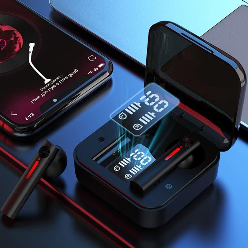 Stevvex black wireless Bluetooth 5.0 earbuds with LED charging case display