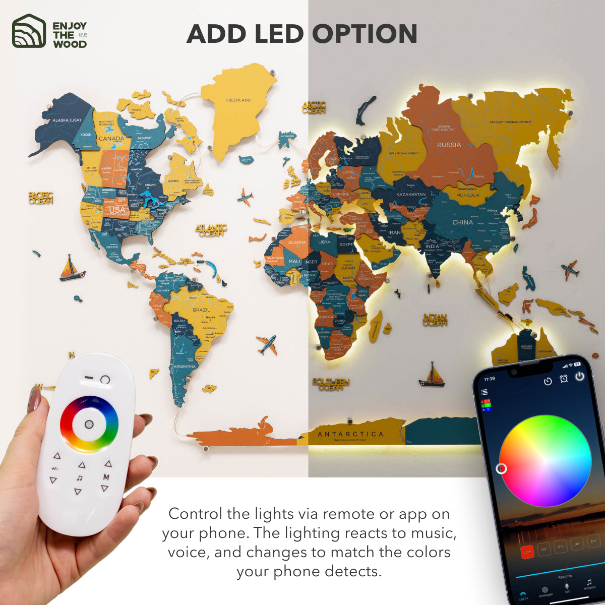 3D Luminous Wooden World Map 3.0 Indie with Interactive LED