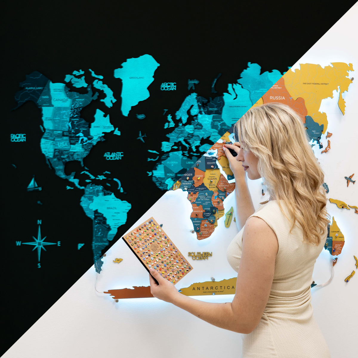 3D Luminous Wooden World Map 3.0 Indie with Interactive LED