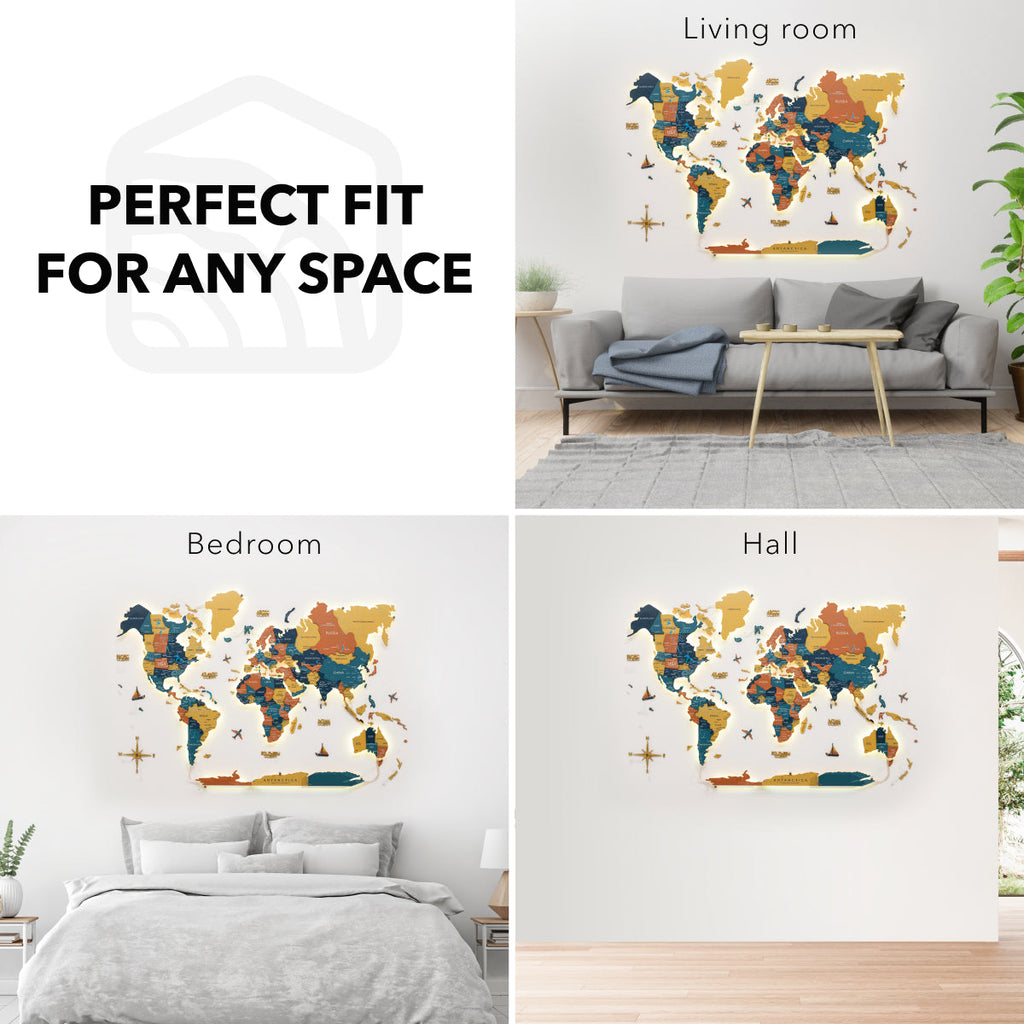 3D Luminous Wooden World Map 3.0 Indie with Interactive LED