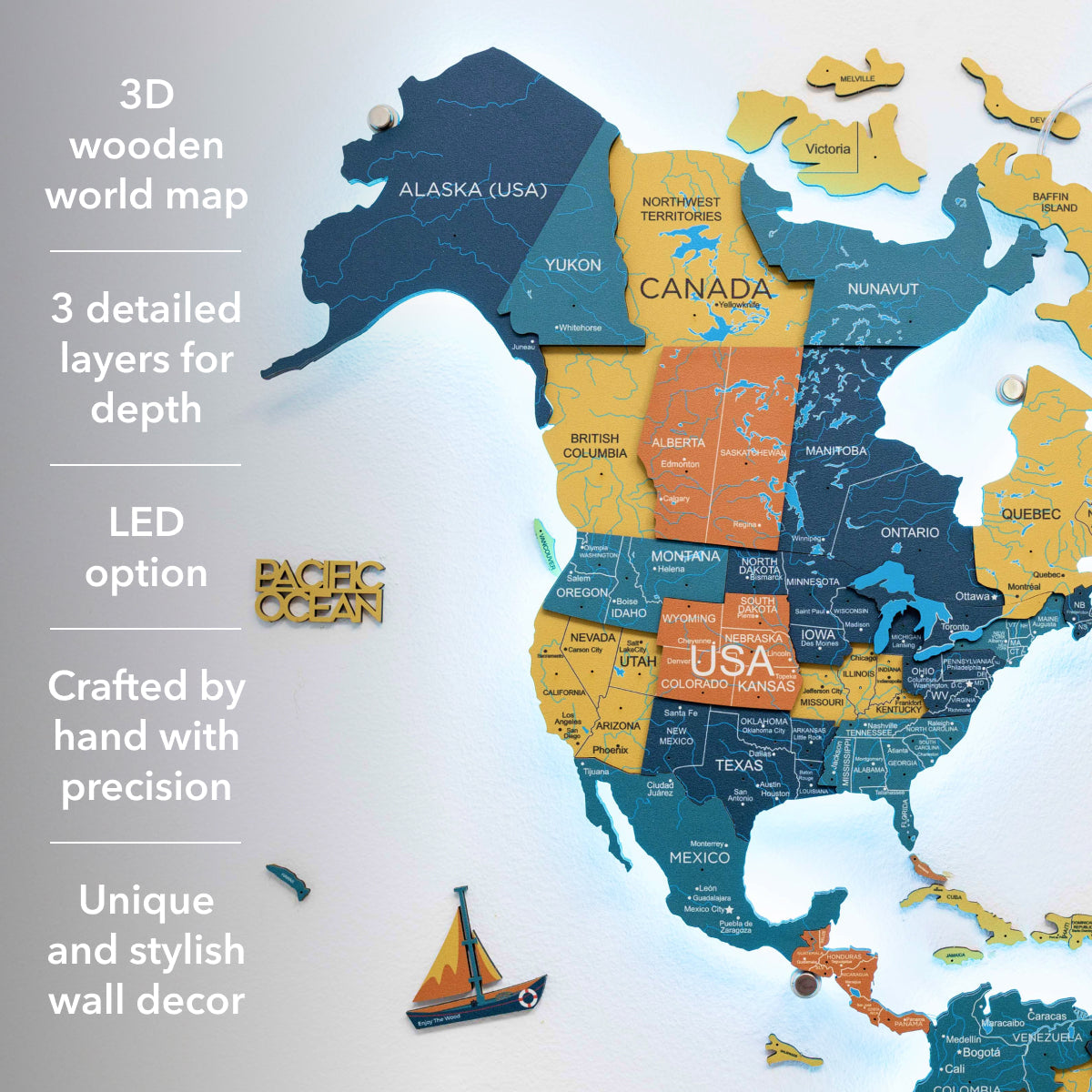 3D Luminous Wooden World Map 3.0 Indie with Interactive LED