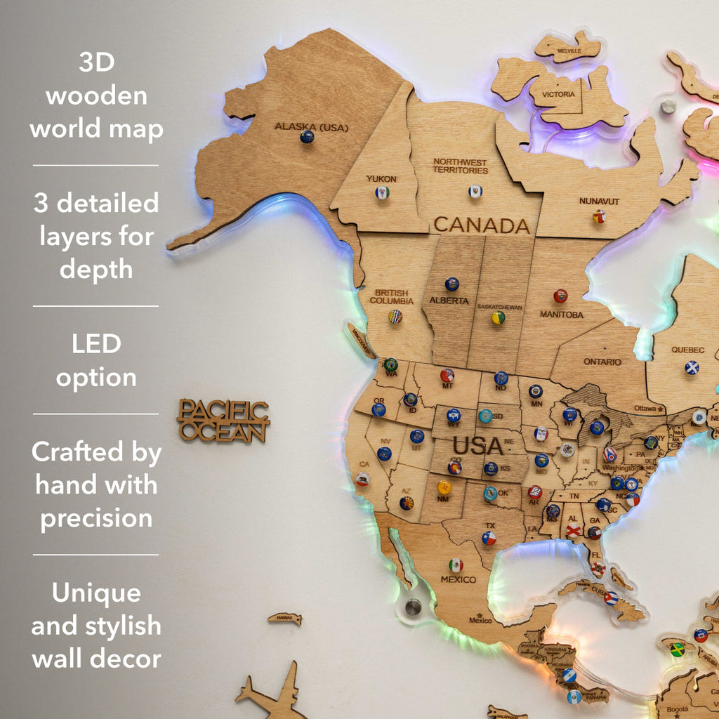3D LED Wooden World Map 2.0 Gold – Smart Wall Decor & Art