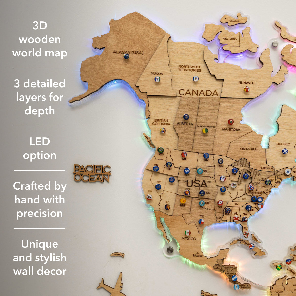 3D LED Wooden World Map 2.0 Gold – Smart Wall Decor & Art