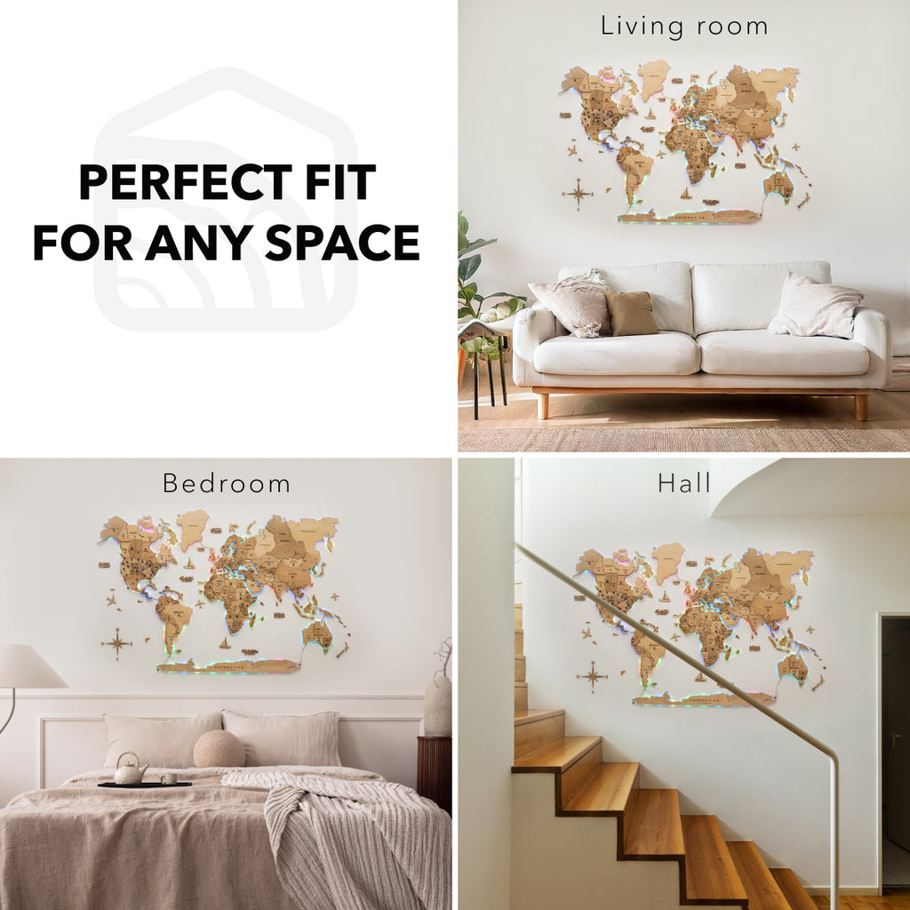 3D LED Wooden World Map 2.0 Gold – Smart Wall Decor & Art