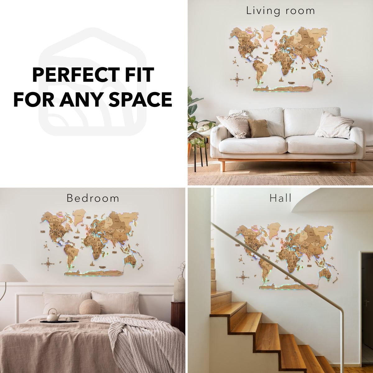 3D LED Wooden World Map 2.0 Gold – Smart Wall Decor & Art