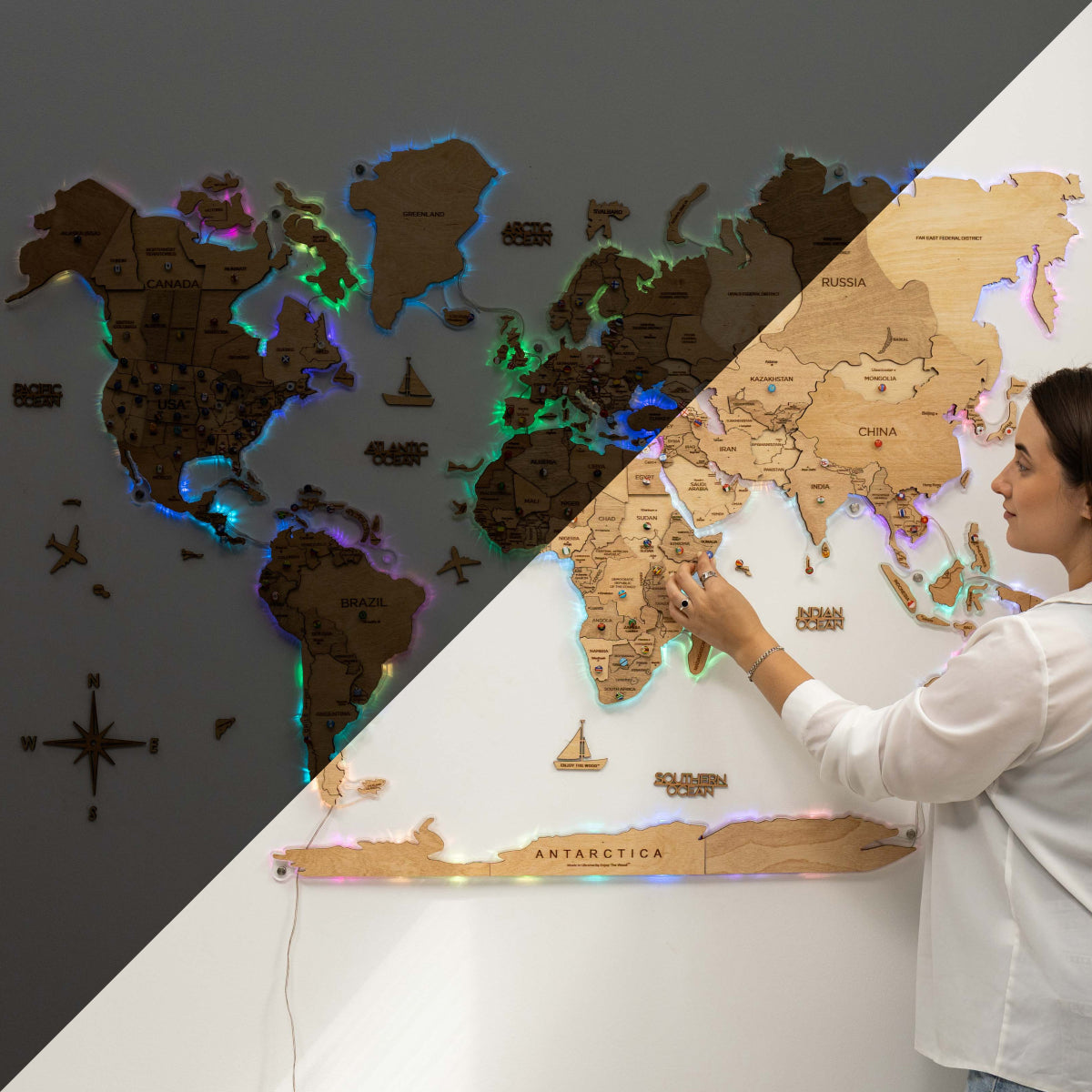 3D LED Wooden World Map 2.0 Gold – Smart Wall Decor & Art