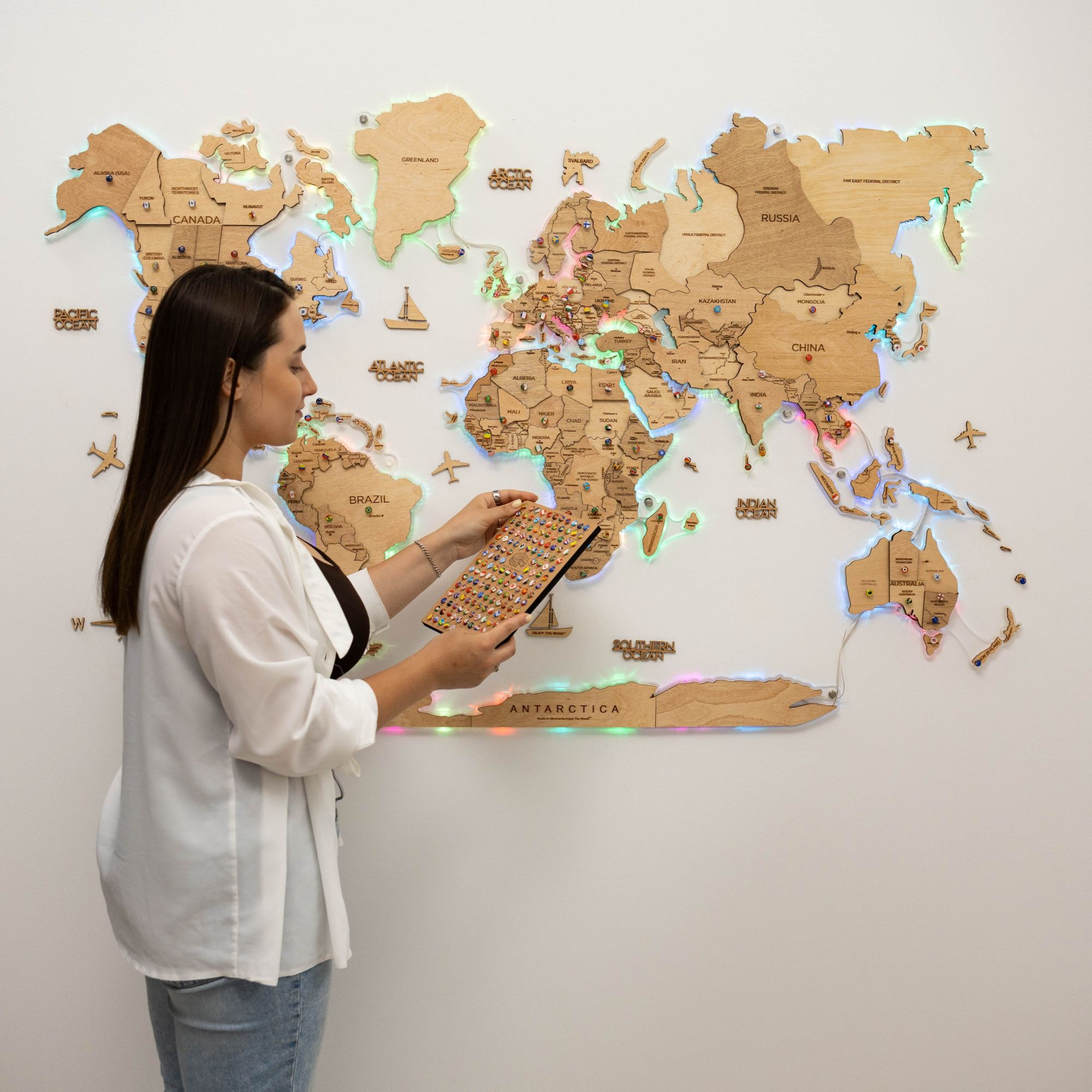 3D LED Wooden World Map 2.0 Gold wall art with customizable smart app lighting