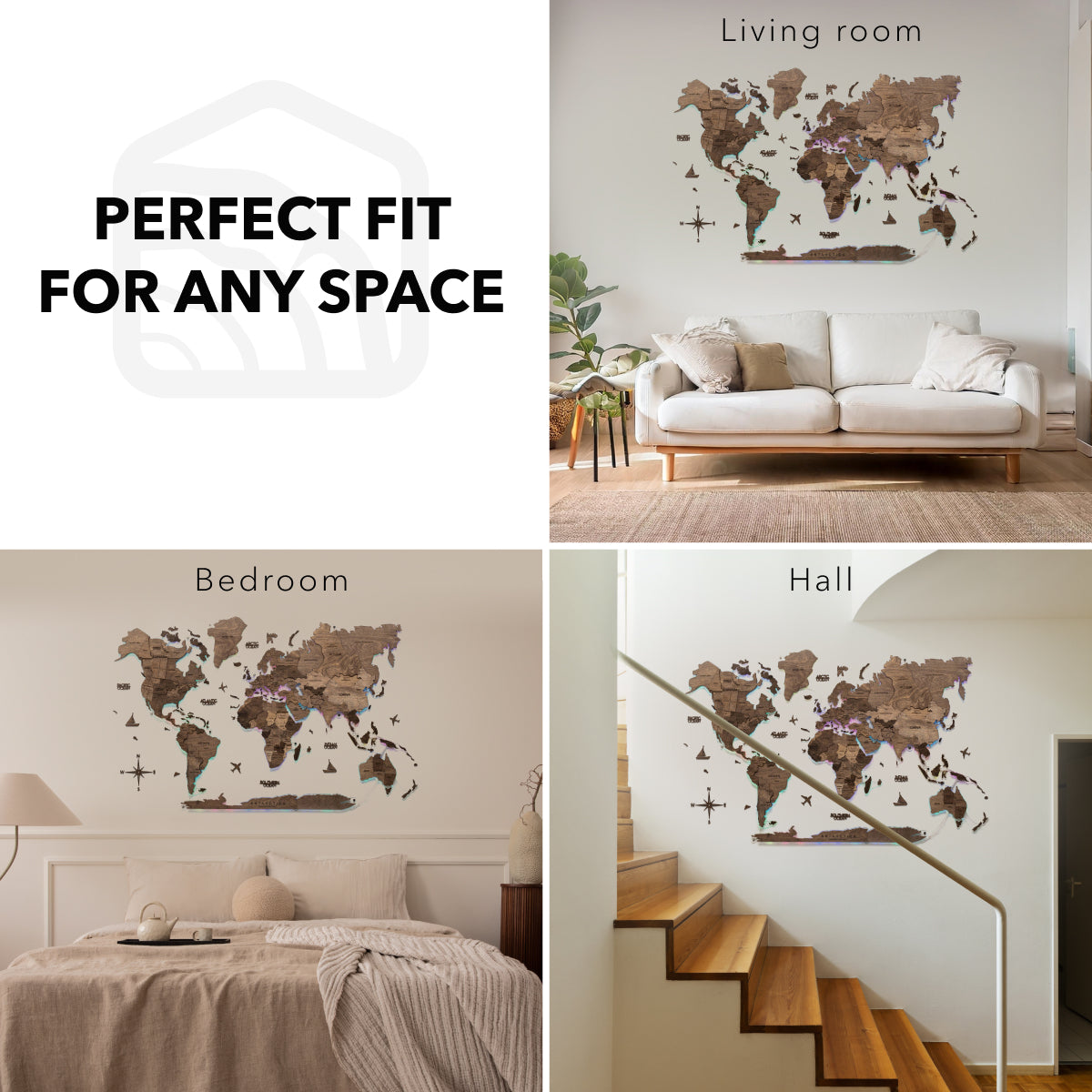 3D LED Wooden World Map 2.0 Dark Walnut Modern Wall Art