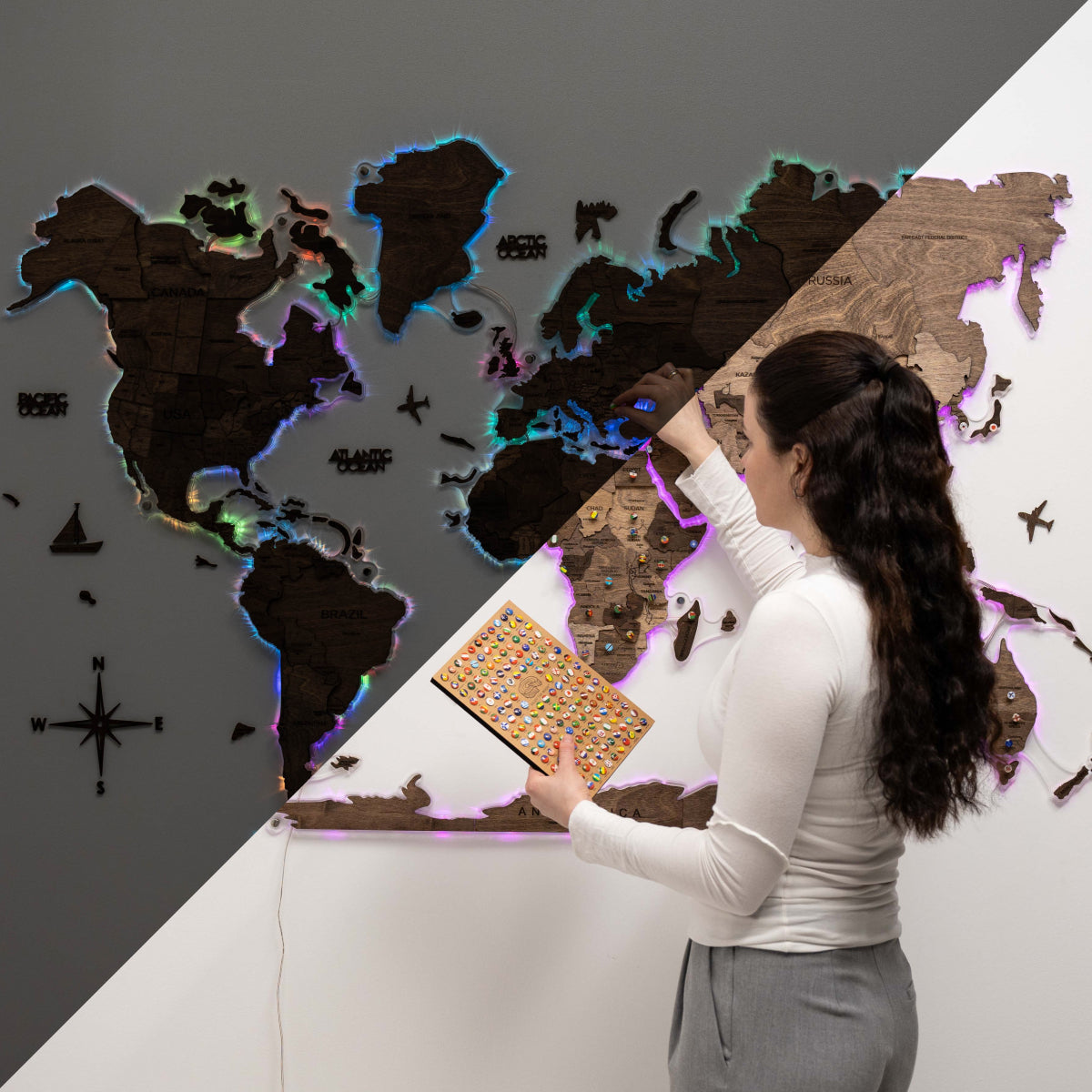 3D LED Wooden World Map 2.0 Dark Walnut Modern Wall Art