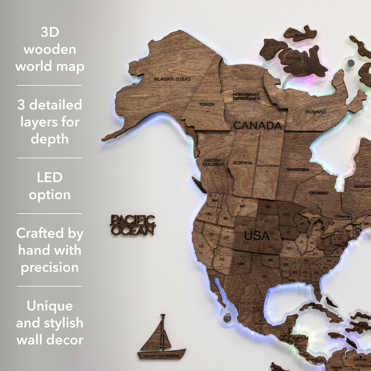 3D LED Wooden World Map 2.0 Dark Walnut Modern Wall Art