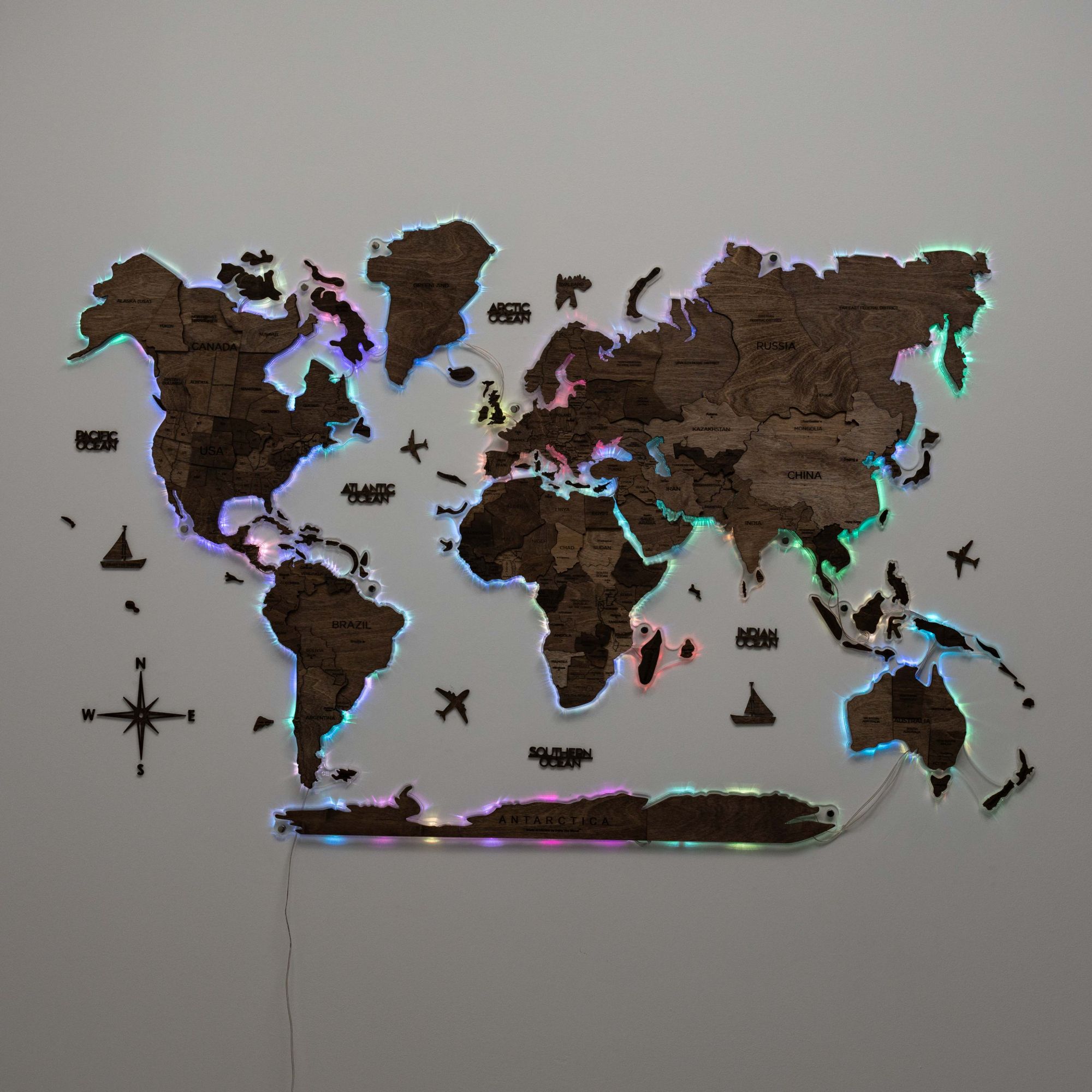 3D LED Wooden World Map 2.0 Dark Walnut Modern Wall Art