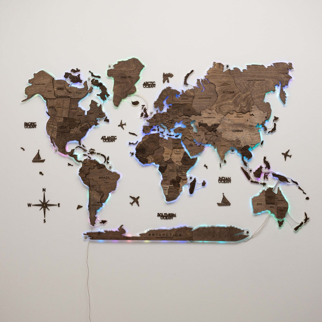 3D LED Wooden World Map 2.0 Dark Walnut Modern Wall Art