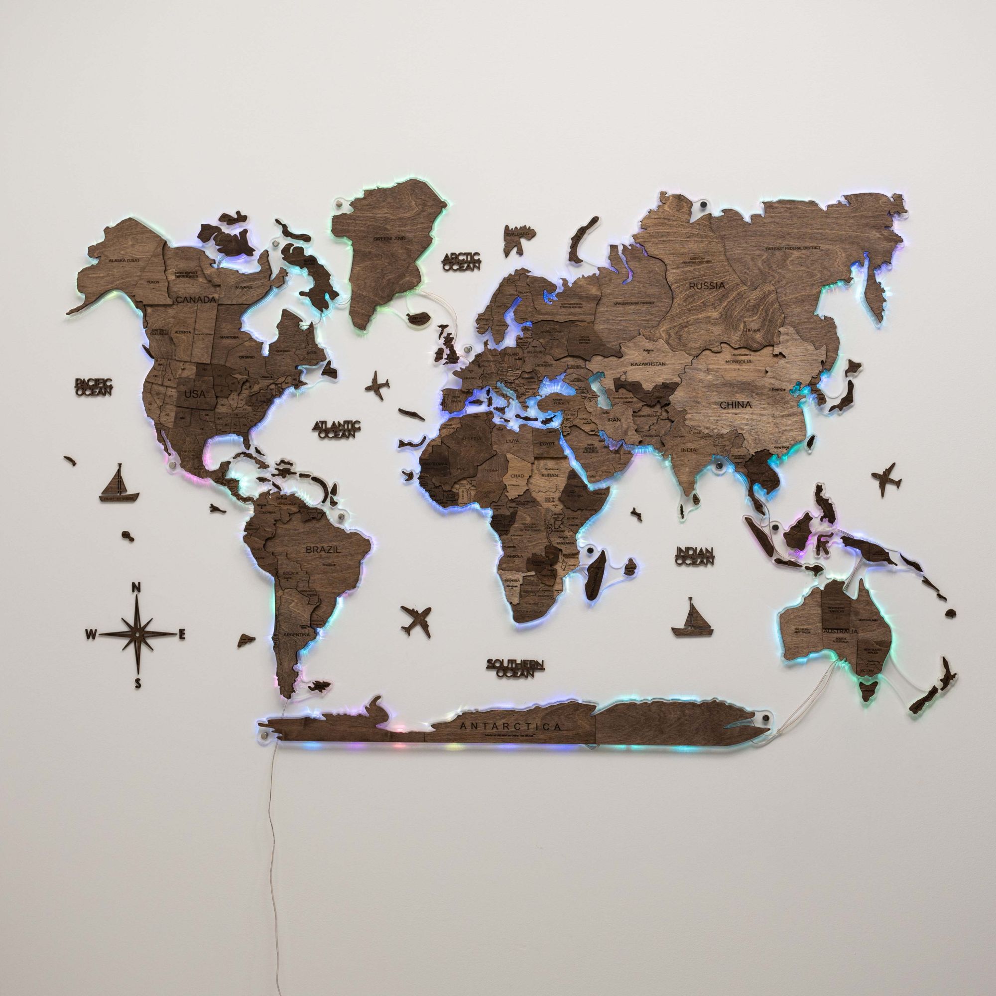 3D LED Wooden World Map 2.0 Dark Walnut Modern Wall Art