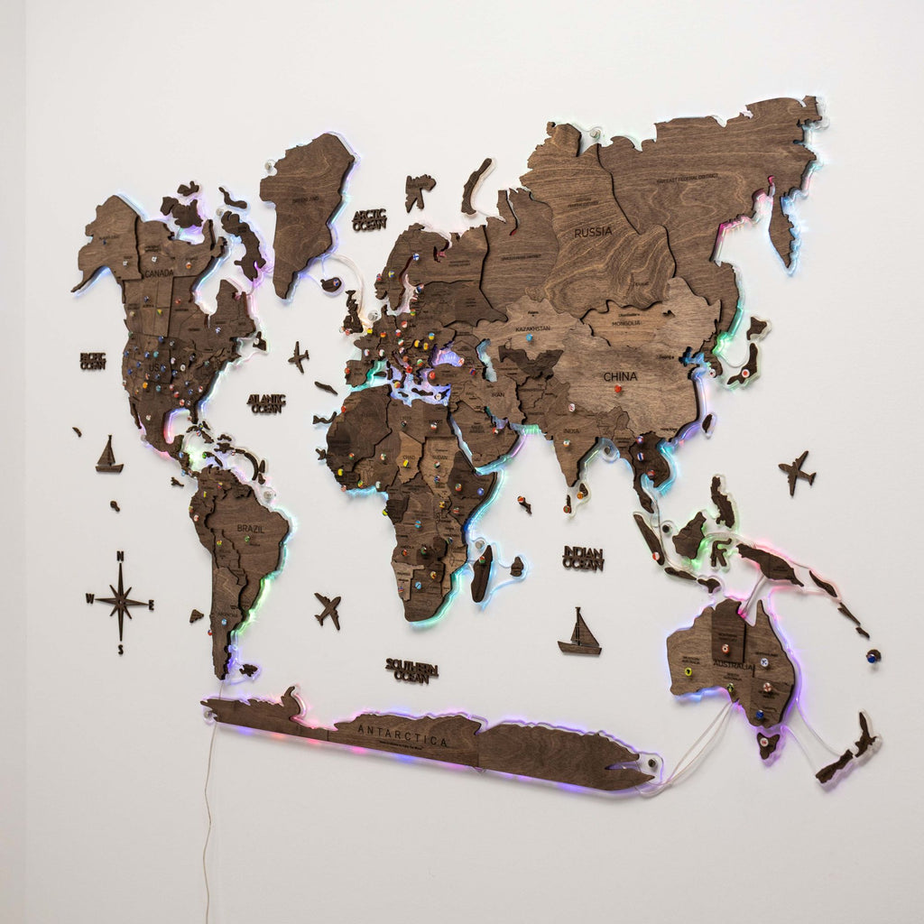 3D LED Wooden World Map 2.0 Dark Walnut Modern Wall Art