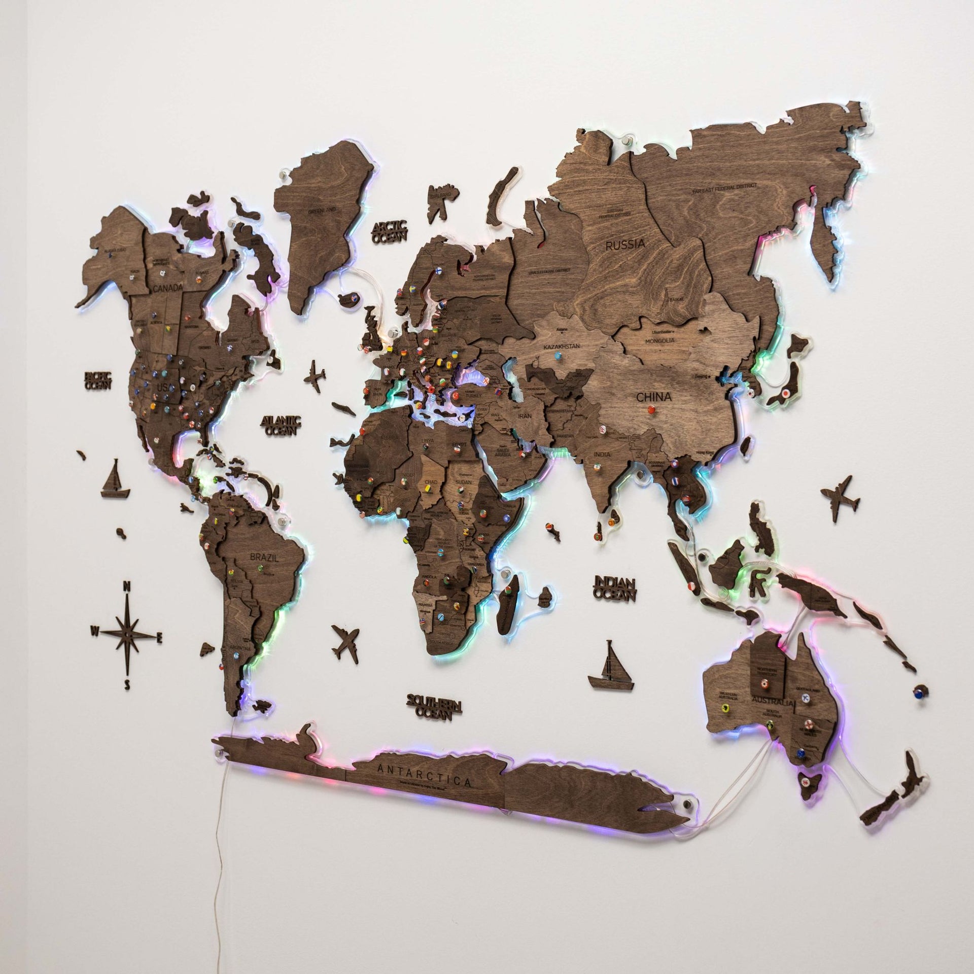 3D LED Wooden World Map 2.0 Dark Walnut Modern Wall Art