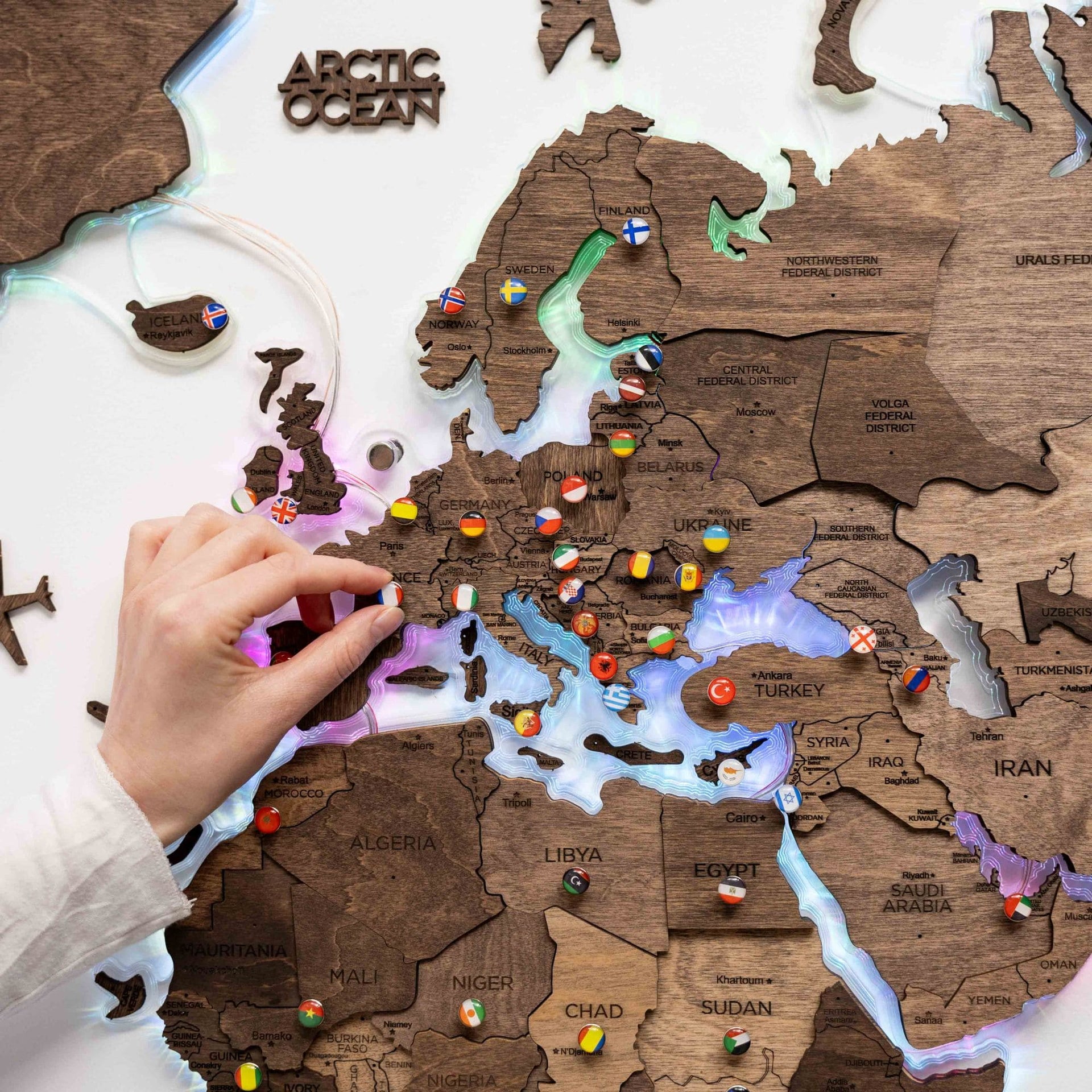 3D LED Wooden World Map 2.0 Dark Walnut Modern Wall Art