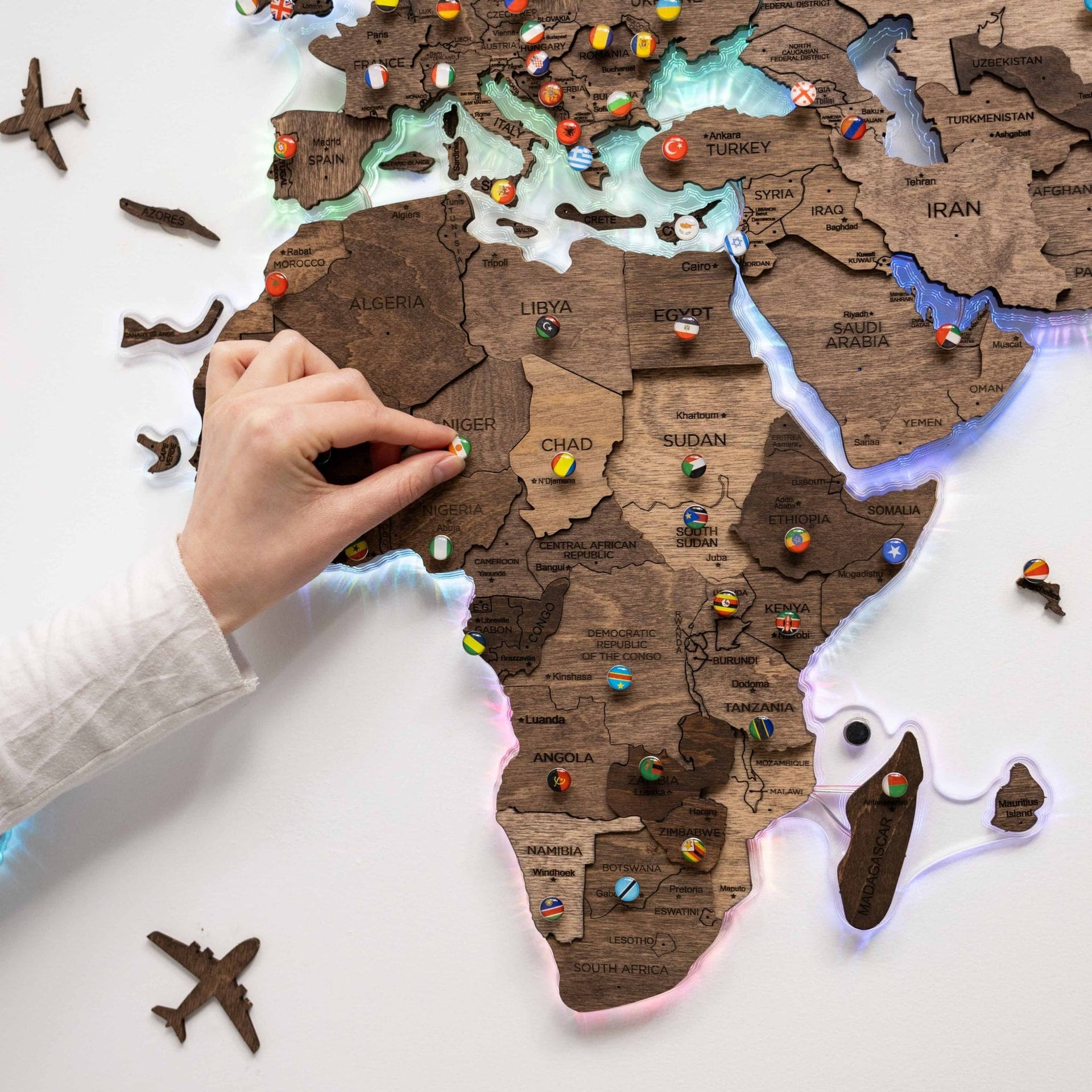 3D LED Wooden World Map 2.0 Dark Walnut Modern Wall Art