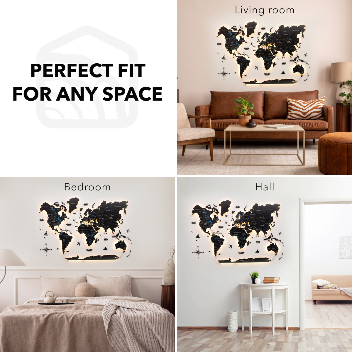 3D LED Wooden World Map 3.0 Midnight Edition with Smart Lighting