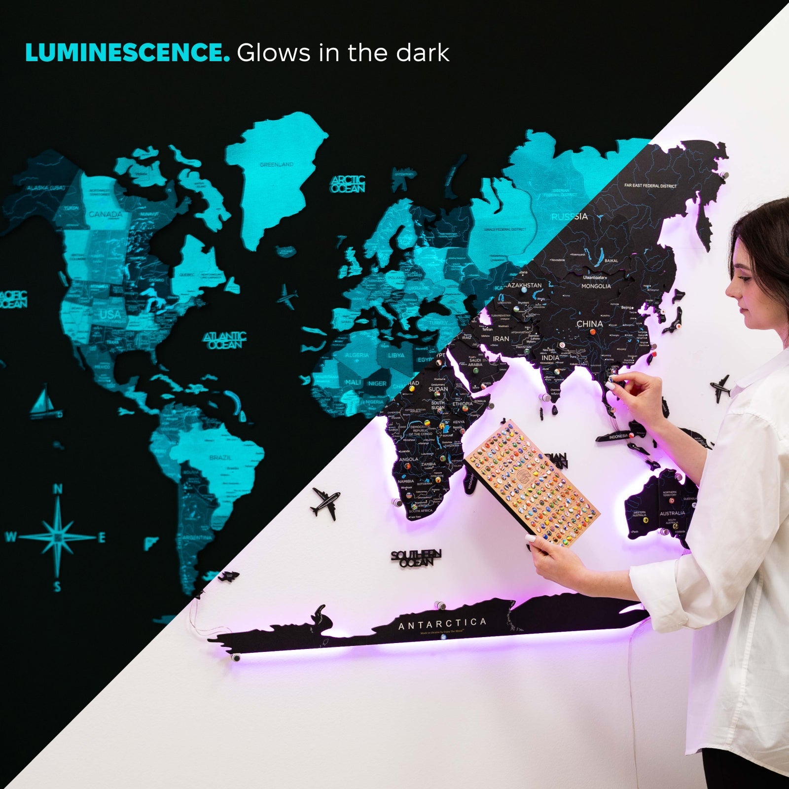 3D LED Wooden World Map 3.0 Midnight Edition with Smart Lighting