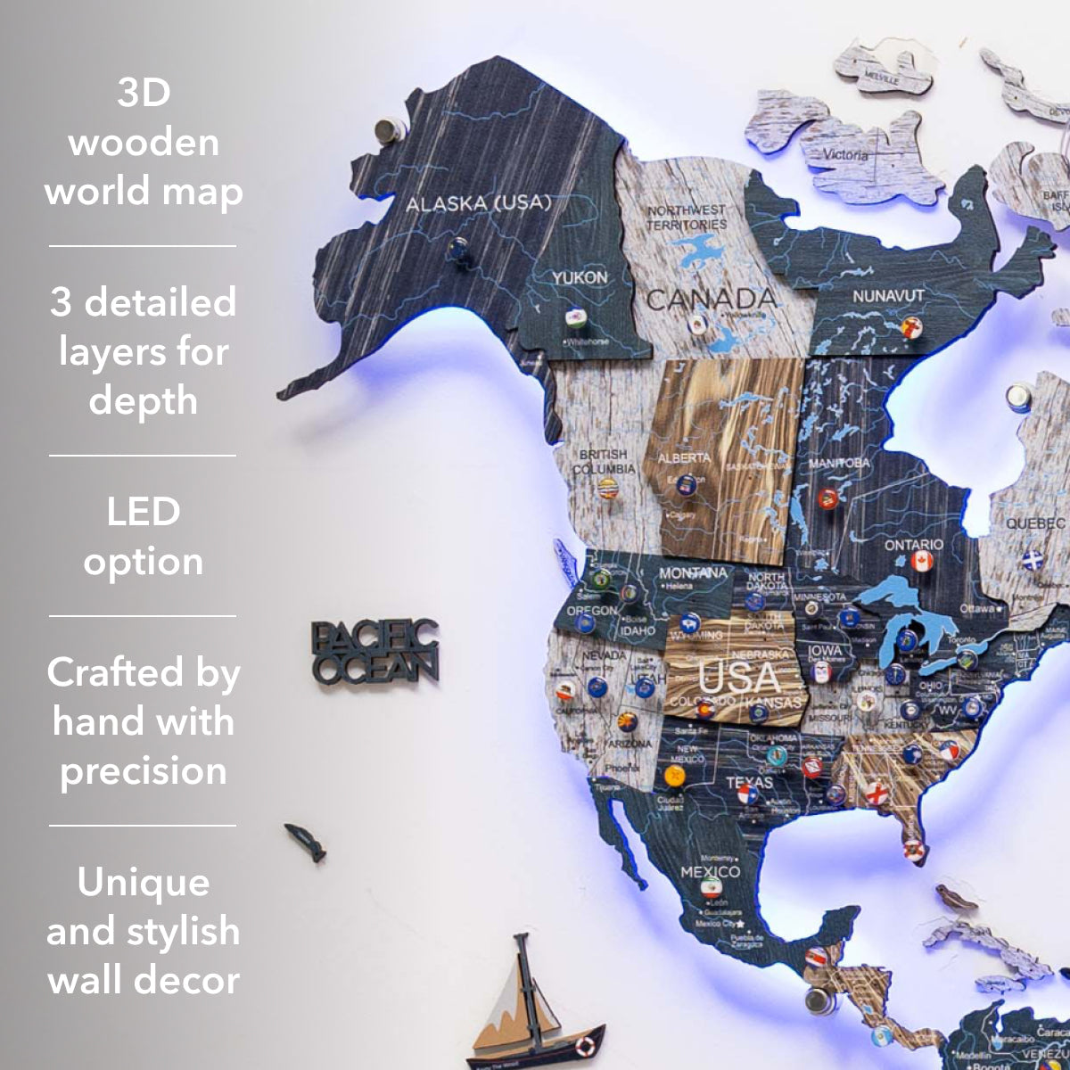 3D LED Mystery Wooden World Map 3.0 Interactive Wall Art