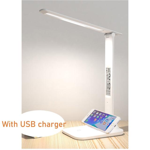 Minimalist LED Desk Lamp with Wireless Charger & Clock - White