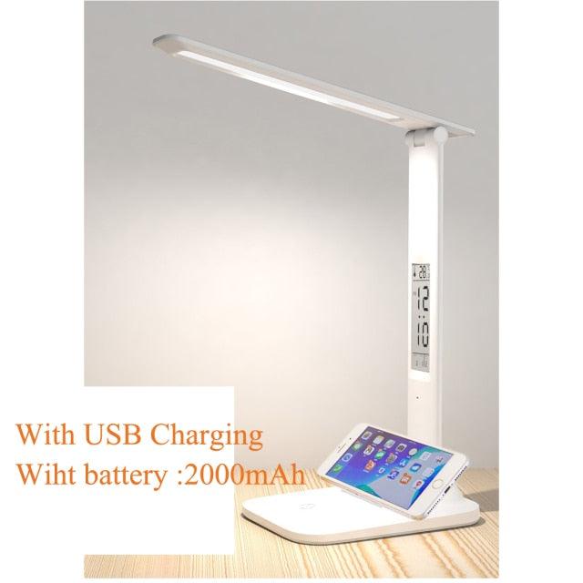 Minimalist LED Desk Lamp with Wireless Charger & Clock - White