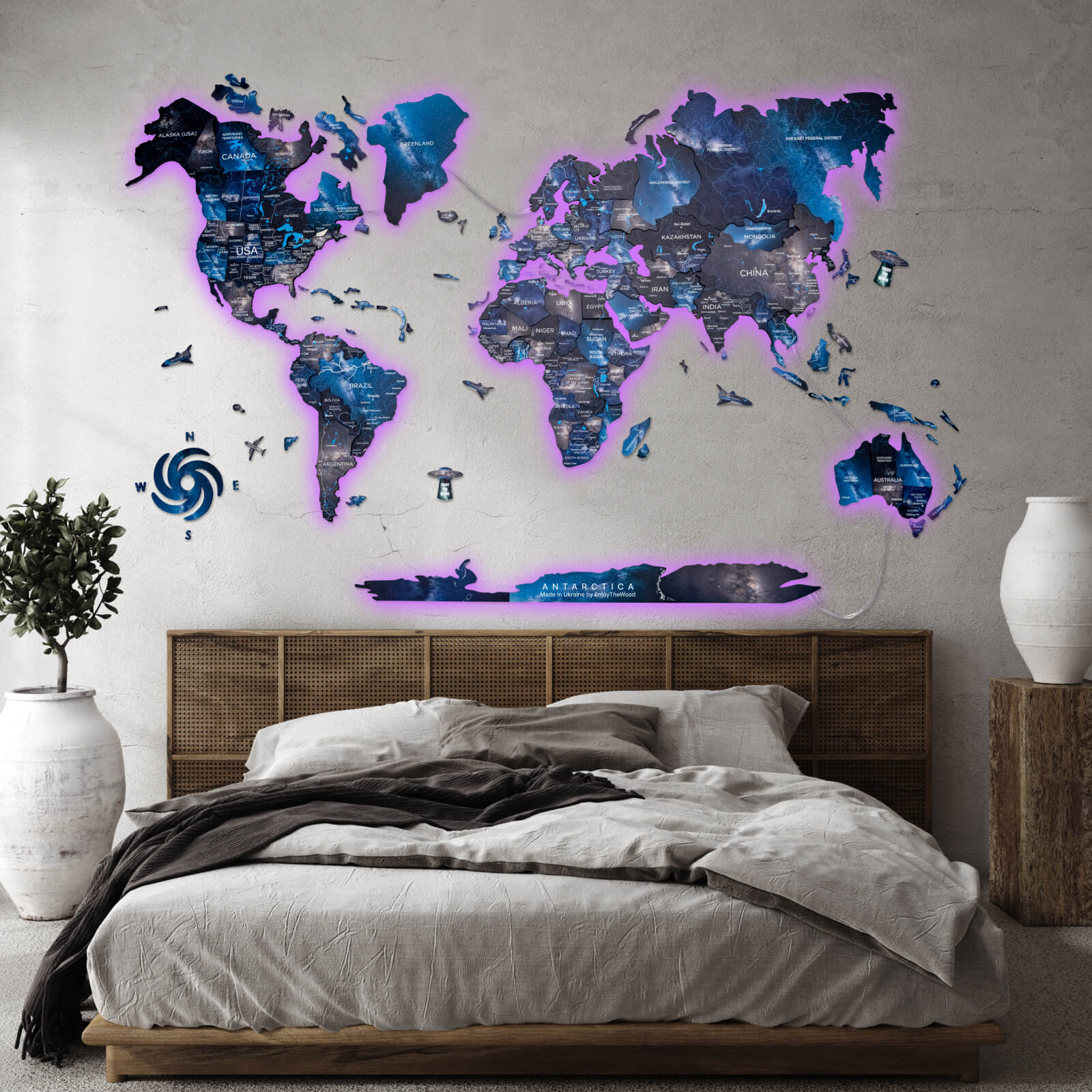 3D LED Luminous Wooden World Map 3.0 Space illuminated on a wall