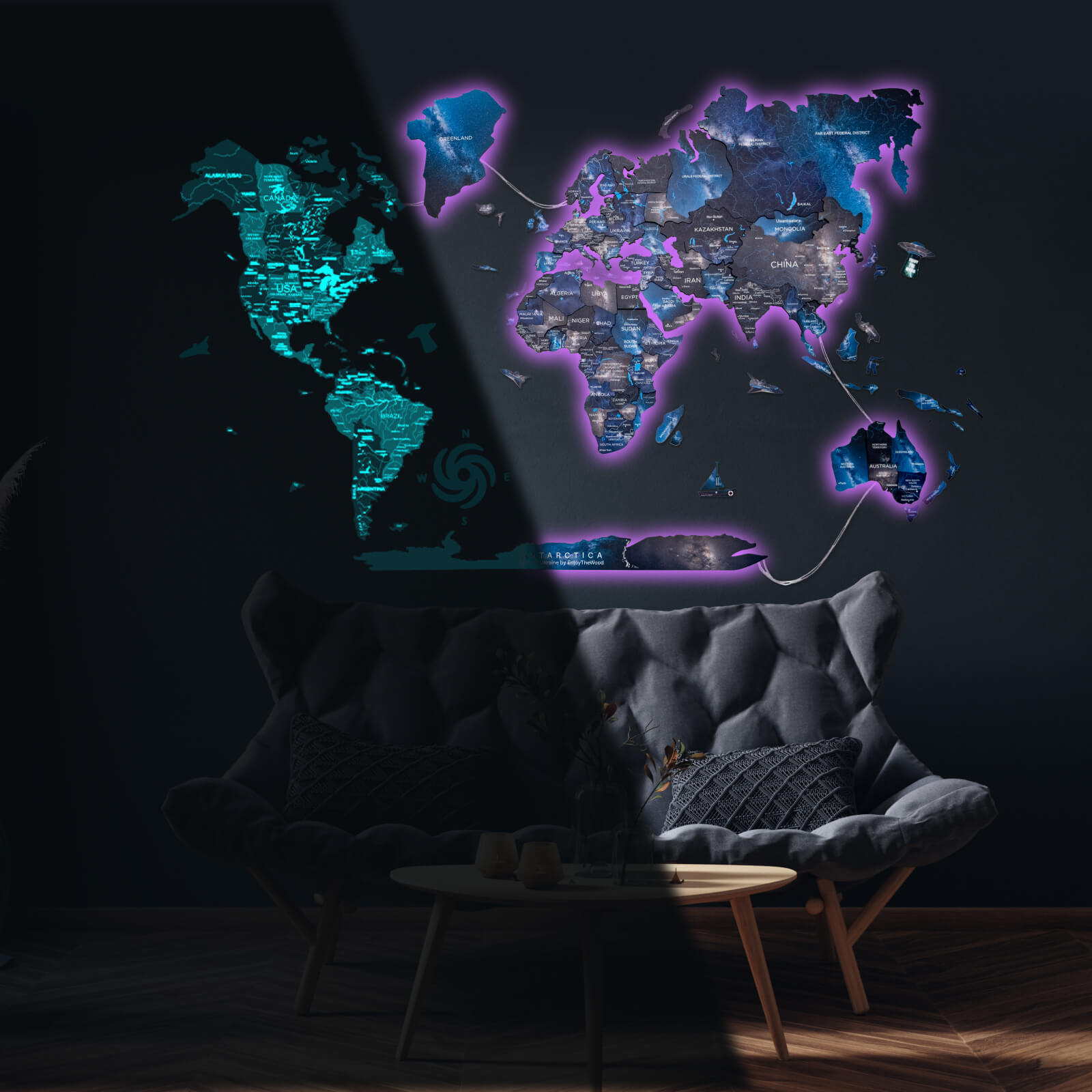 3D LED Luminous Wooden World Map 3.0 Space Interactive Wall Decor